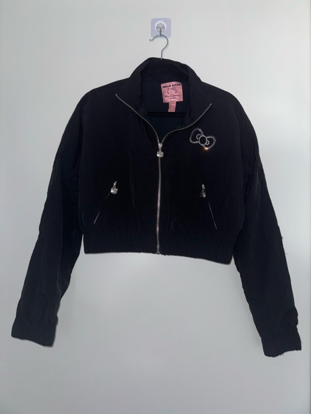 Hello Kitty Black Cropped Bomber Jacket with Rhinestone Logo